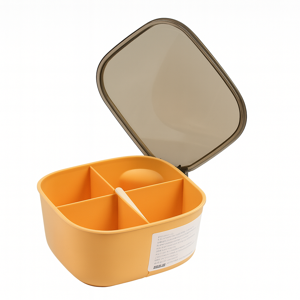 4-Partition Seasoning Box with Spoon & Lid for Organized, Fresh Spice Storage