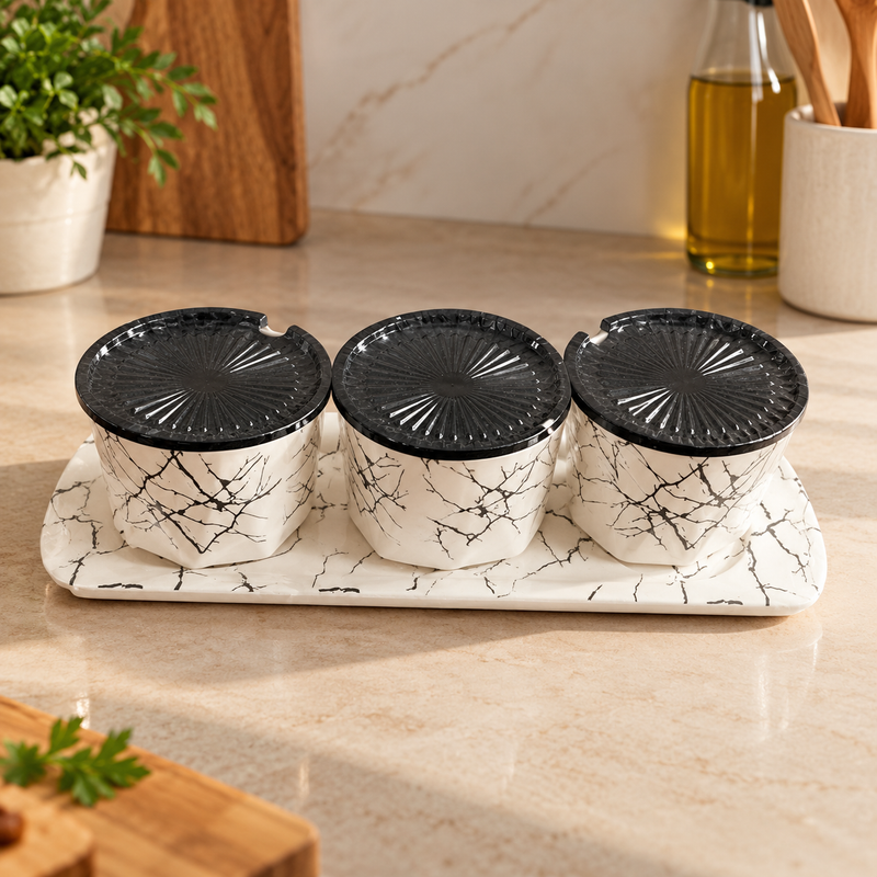 3 Pcs Ceramic Condiment Set with Tray – Kitchen Spice & Seasoning Jars