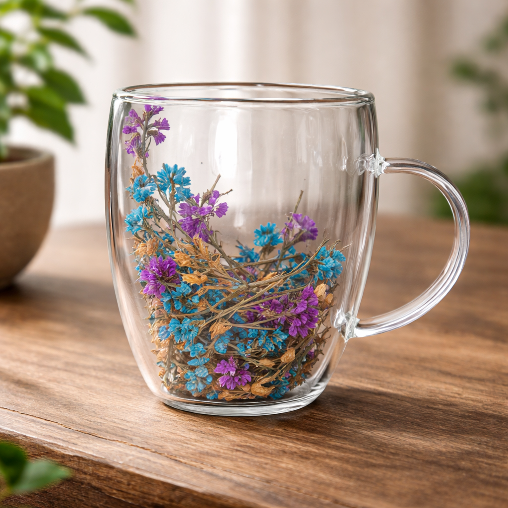 Flower Double Wall Glass Mug – Midnight Blue Floral Aesthetic Cup - Habitt