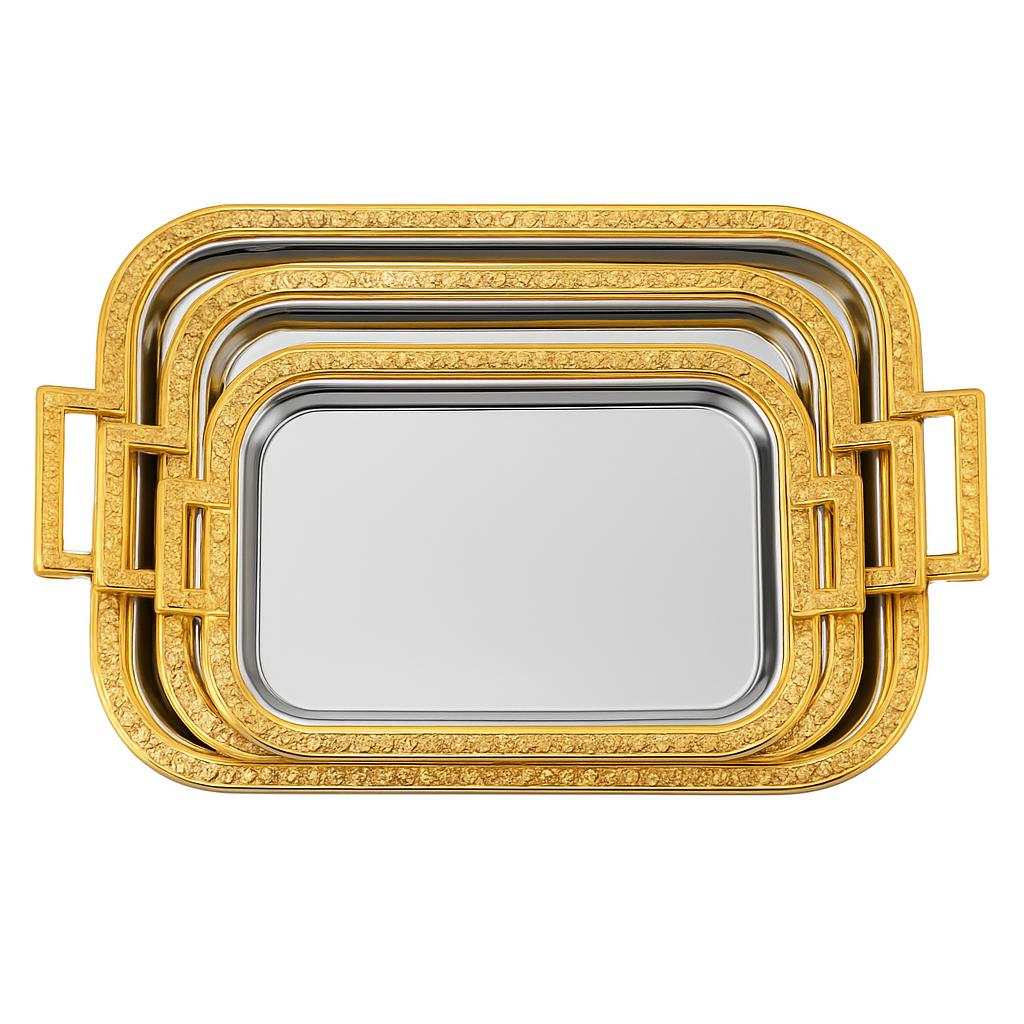 Steel Tray Set of 3 – Rectangular Gold Finish | Elegant Decorative & Serving Trays