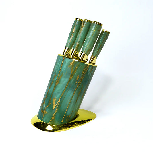 7 Pcs Stainless Steel Knife Set with Green-Gold Marble Finish Block – Premium Kitchen Knives