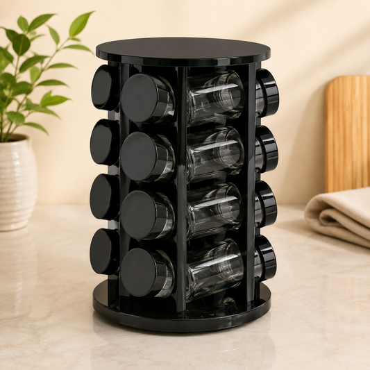 16 PCS Revolving Spice Rack Set – Luxury Black & Gold Rotating Spice Organizer - Habitt
