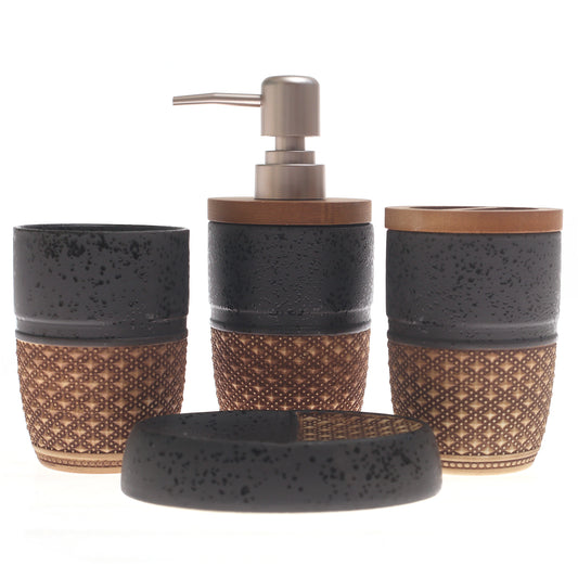 Grey & Beige Textured 4-Piece Bathroom Accessory Set – Matte Rustic Finish