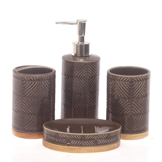4 Pcs Brown Ceramic Bathroom Accessory Set with Wooden Base – Soap Dispenser, Tumbler & Soap Dish