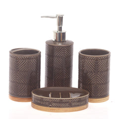 4 Pcs Brown Ceramic Bathroom Accessory Set with Wooden Base – Soap Dispenser, Tumbler & Soap Dish