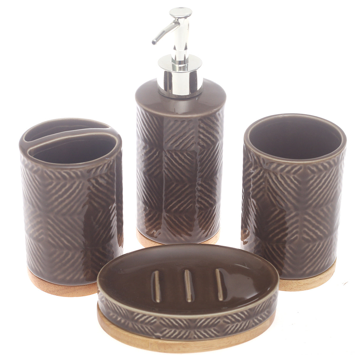 4 Pcs Brown Ceramic Bathroom Accessory Set with Wooden Base – Soap Dispenser, Tumbler & Soap Dish