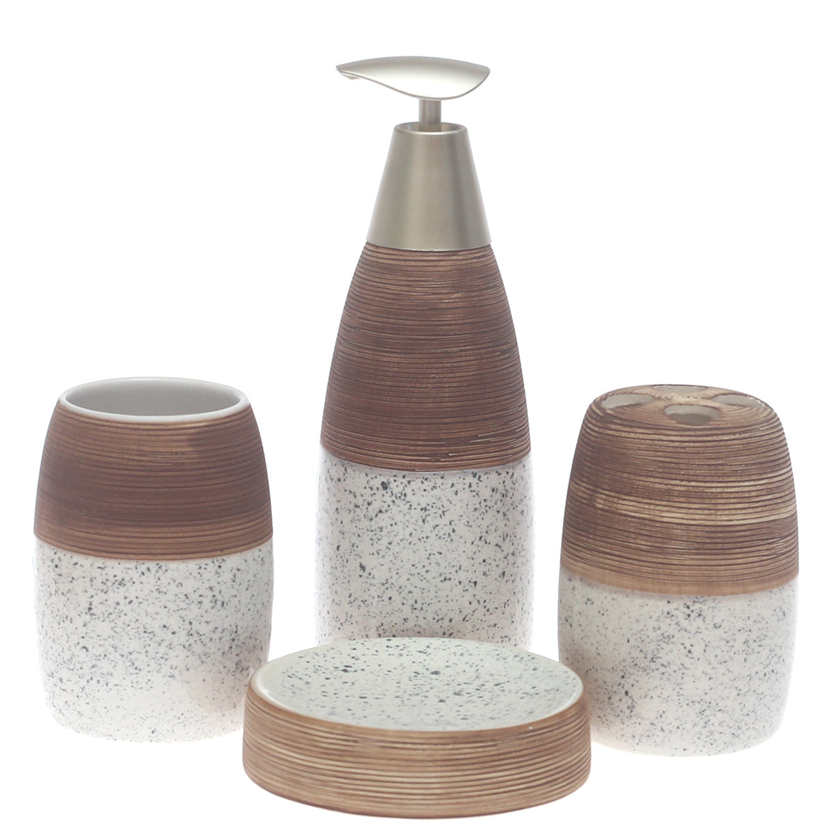 4 Pcs Modern Bathroom Accessory Set – Textured Brown & Stone Finish Soap Dispenser Set