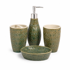 4-Piece Textured Bathroom Accessories Set – Green & Gold Design
