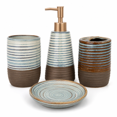 4-Piece Textured Bathroom Accessories Set – Blue & Brown Design