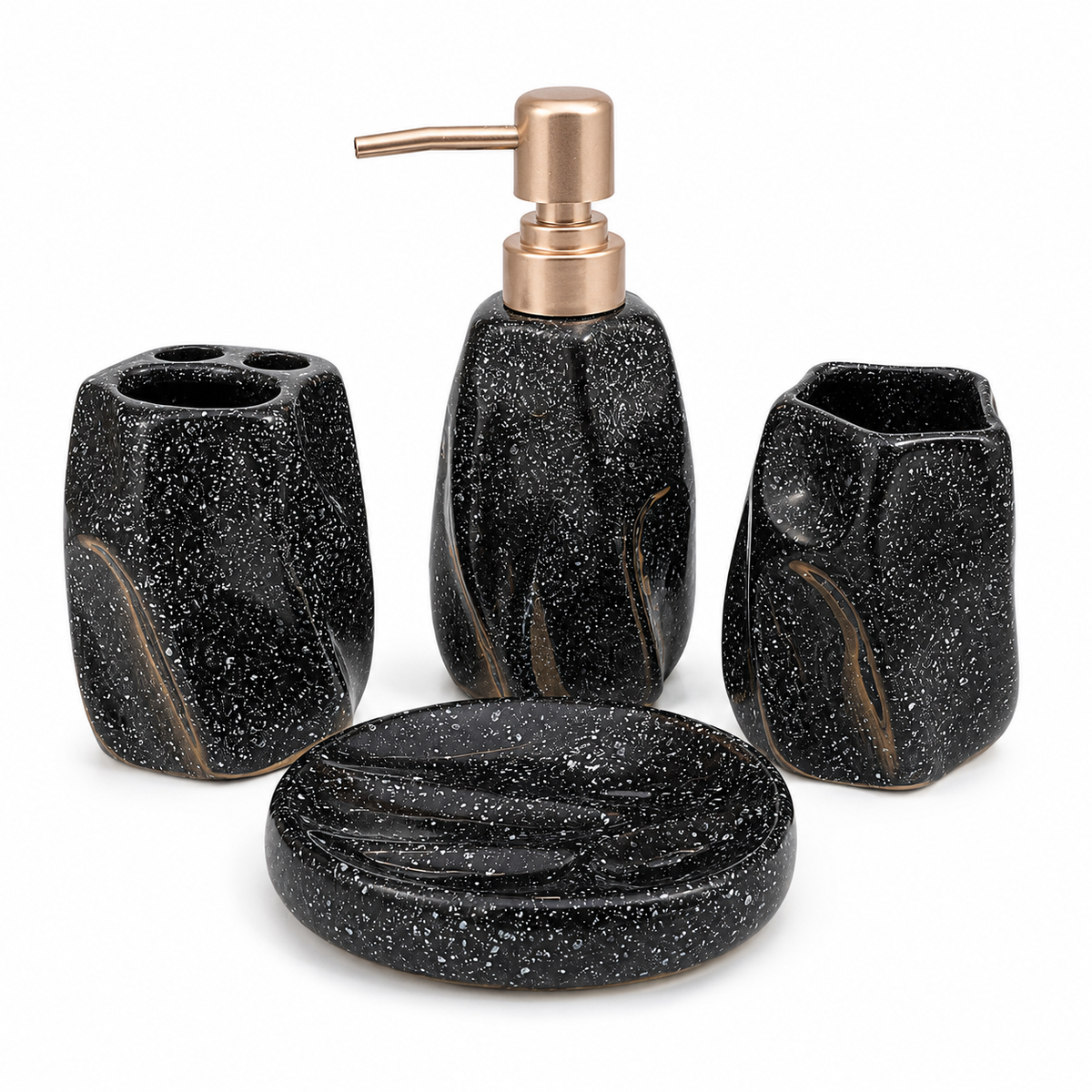 4-Piece Black Bathroom Accessories Set – Speckled Design with Gold-Tone Pump
