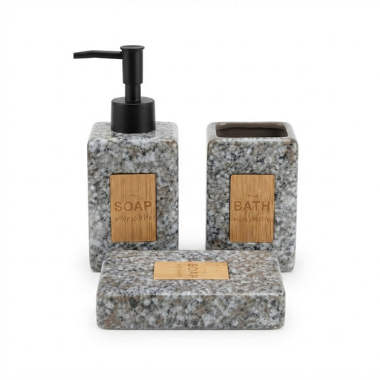 4-Piece Marble-Effect Ceramic Bathroom Accessories Set with Wooden Accent | Soap Dispenser, Soap Dish & Tumbler