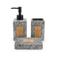 4-Piece Marble-Effect Ceramic Bathroom Accessories Set with Wooden Accent | Soap Dispenser, Soap Dish & Tumbler