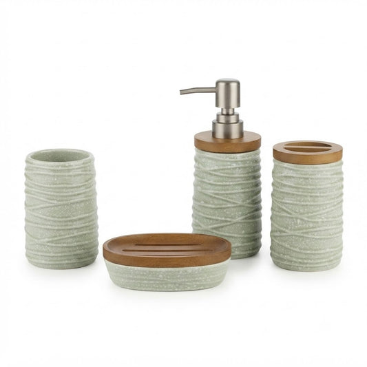 4-Piece Ceramic Bathroom Accessories Set – Sage Green with Wooden Lid | Soap Dispenser, Soap Dish, Toothbrush Holder & Tumbler