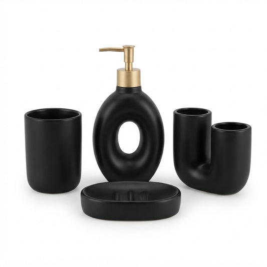 4-Piece Matte Black Ceramic Bathroom Accessories Set | Soap Dispenser, Soap Dish, Toothbrush Holder & Tumbler