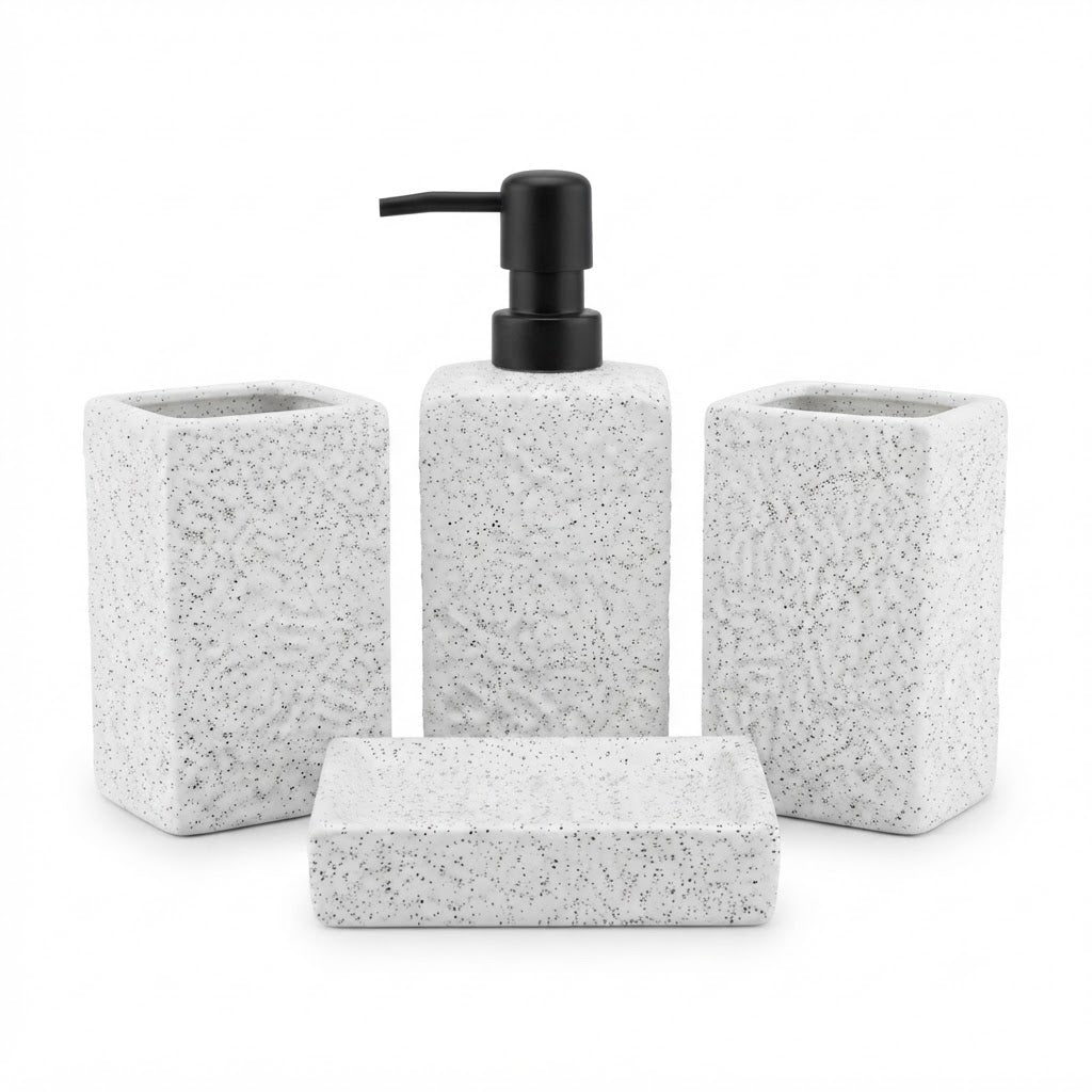 4-Piece Marble-Effect Ceramic Bathroom Accessories Set – White | Soap Dispenser, Soap Dish, Toothbrush Holder & Tumbler