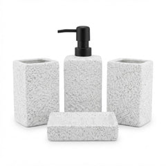 4-Piece Marble-Effect Ceramic Bathroom Accessories Set – White | Soap Dispenser, Soap Dish, Toothbrush Holder & Tumbler