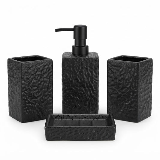 4-Piece Textured Ceramic Bathroom Accessories Set – Matte Black | Soap Dispenser, Soap Dish, Toothbrush Holder & Tumbler