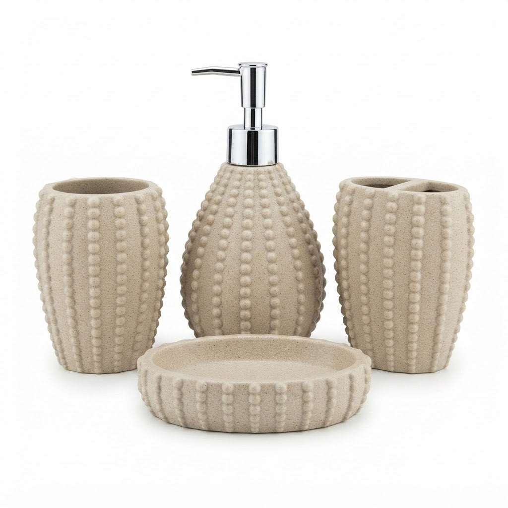 4-Piece Textured Ceramic Bathroom Accessories Set – Beige | Soap Dispenser, Soap Dish, Toothbrush Holder & Tumbler