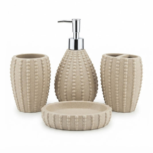 4-Piece Textured Ceramic Bathroom Accessories Set – Beige | Soap Dispenser, Soap Dish, Toothbrush Holder & Tumbler