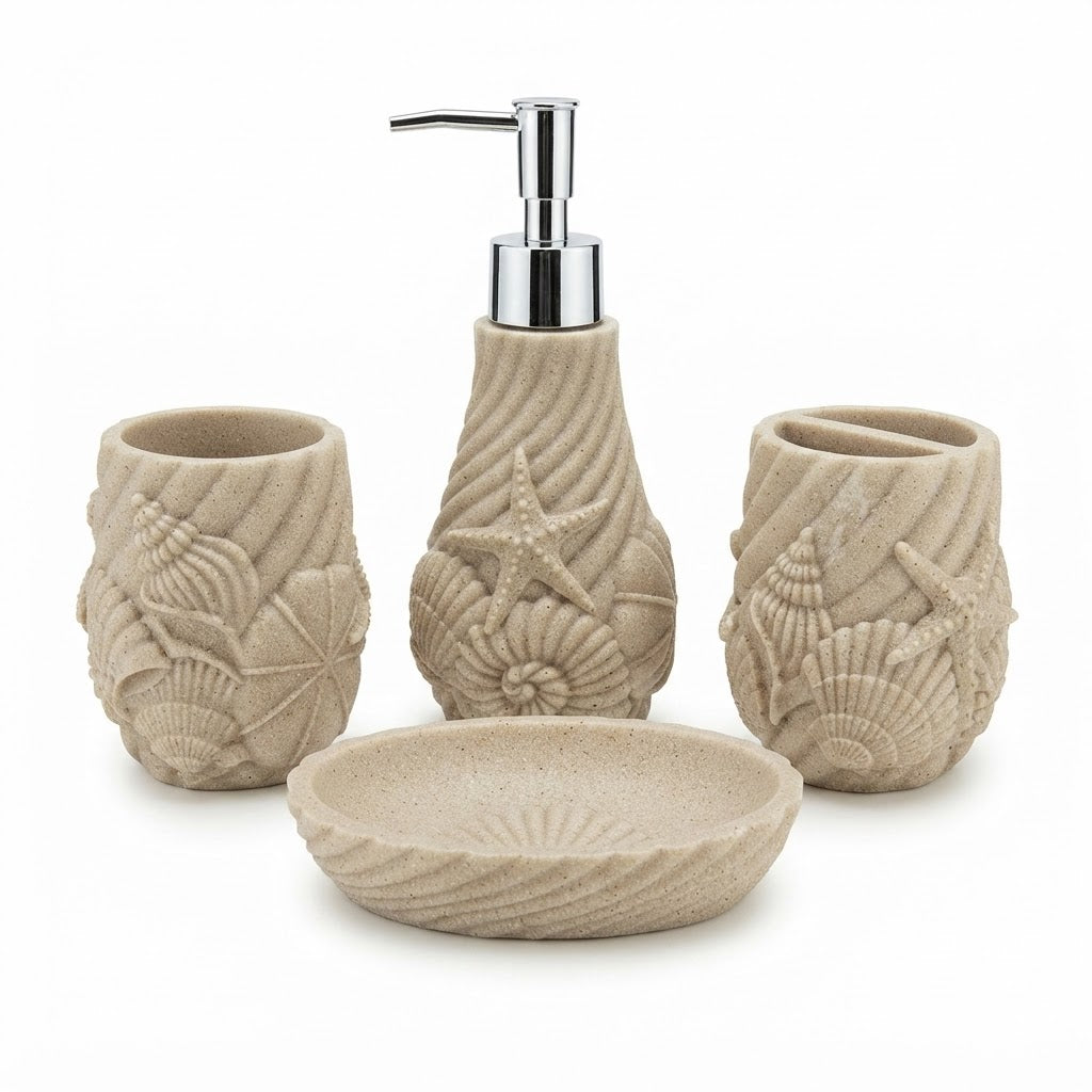 4-Piece Coastal Ceramic Bathroom Accessories Set – Sand Beige | Soap Dispenser, Soap Dish, Toothbrush Holder & Tumbler