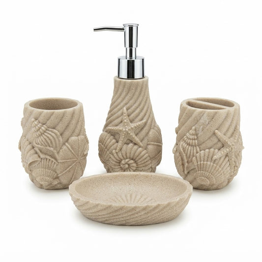 4-Piece Coastal Ceramic Bathroom Accessories Set – Sand Beige | Soap Dispenser, Soap Dish, Toothbrush Holder & Tumbler