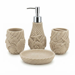 4-Piece Coastal Ceramic Bathroom Accessories Set – Sand Beige | Soap Dispenser, Soap Dish, Toothbrush Holder & Tumbler