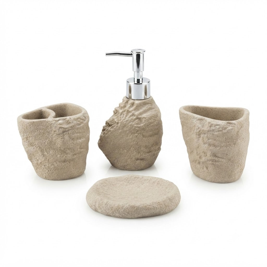 4-Piece Stone-Effect Ceramic Bathroom Accessories Set – Beige | Soap Dispenser, Soap Dish, Toothbrush Holder & Tumbler