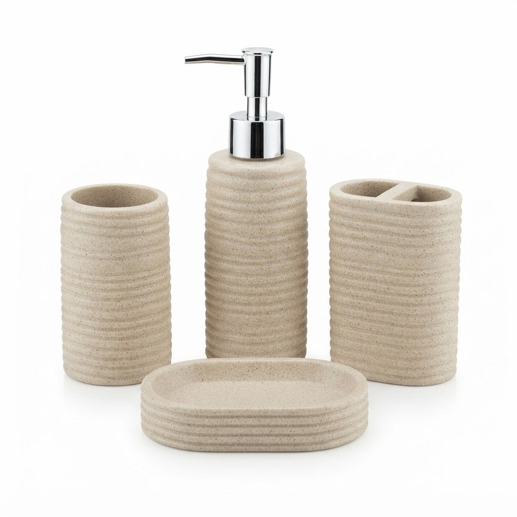 4-Piece Ribbed Ceramic Bathroom Accessories Set – Beige | Soap Dispenser, Soap Dish, Toothbrush Holder & Tumbler