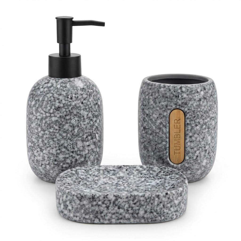 4-Piece Marble Look Bathroom Accessory Set | Soap Dispenser, Tumbler, Soap Dish & Toothbrush Holder