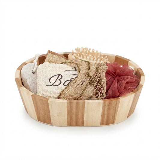 Oak Spa Basket with Bath Accessories | Wooden Bathroom Organizer & Spa Gift Basket