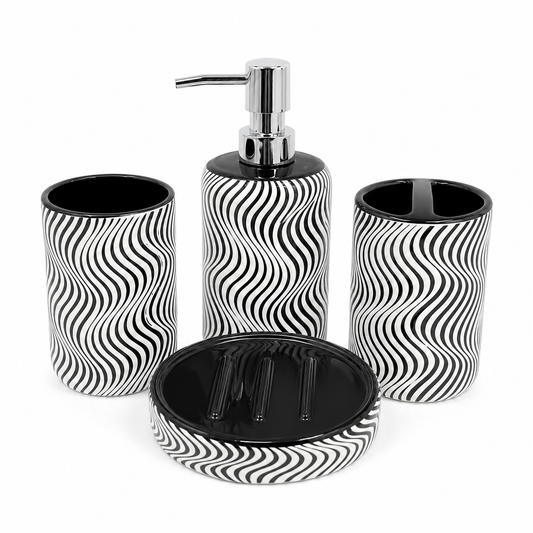 4-Piece Black & White Bathroom Accessories Set – Wavy Stripe Design