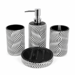 4-Piece Black & White Bathroom Accessories Set – Wavy Stripe Design