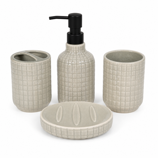 4-Piece Beige Textured Bathroom Accessories Set – Grid Design with Black Pump