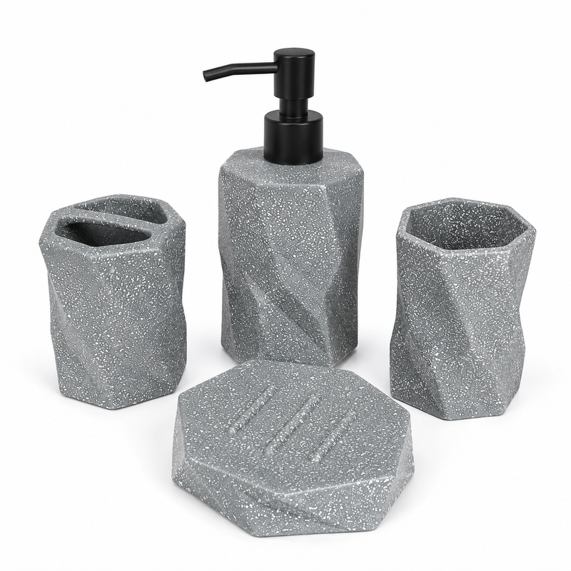 4-Piece Grey Speckled Bathroom Accessories Set – Modern Geometric Design