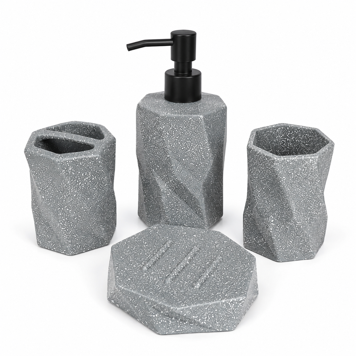 4-Piece Grey Speckled Bathroom Accessories Set – Modern Geometric Design