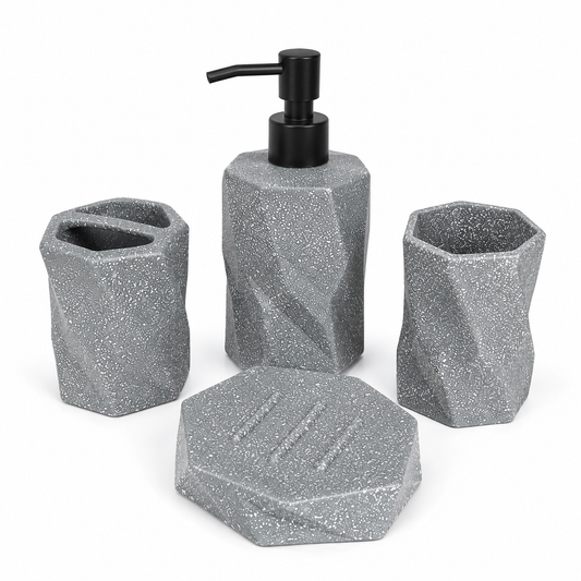 4-Piece Grey Speckled Bathroom Accessories Set – Modern Geometric Design