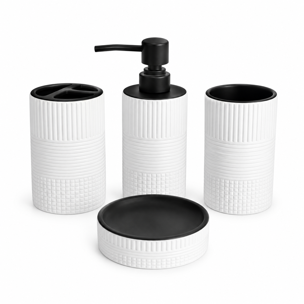 4-Piece White Textured Bathroom Accessories Set – Black Accent Design