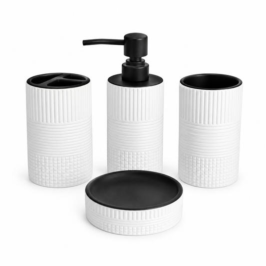 4-Piece White Textured Bathroom Accessories Set – Black Accent Design