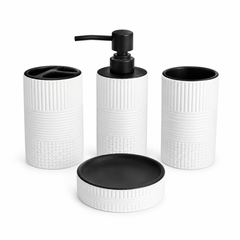 4-Piece White Textured Bathroom Accessories Set – Black Accent Design