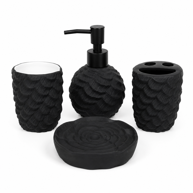 4-Piece Black Textured Bathroom Accessories Set – Modern Wave Design