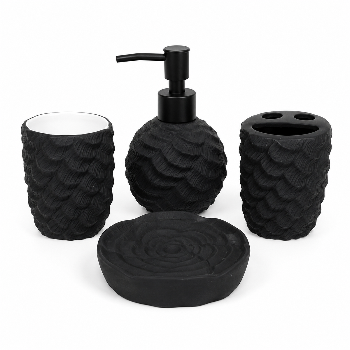4-Piece Black Textured Bathroom Accessories Set – Modern Wave Design