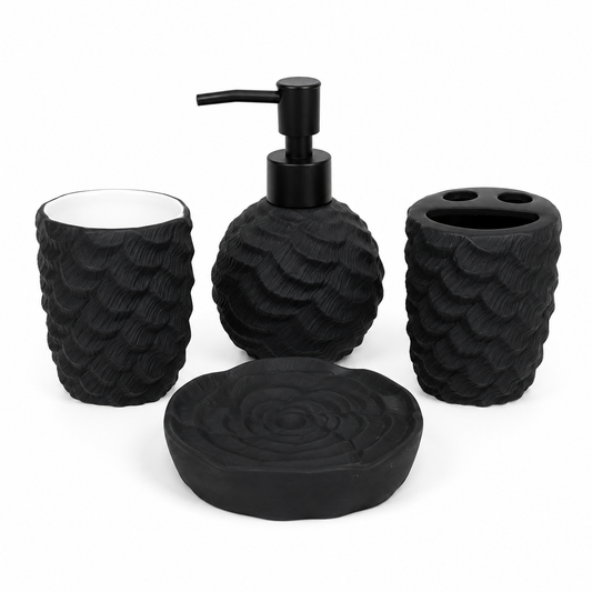 4-Piece Black Textured Bathroom Accessories Set – Modern Wave Design