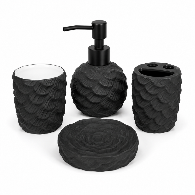4-Piece Black Textured Bathroom Accessories Set – Modern Wave Design