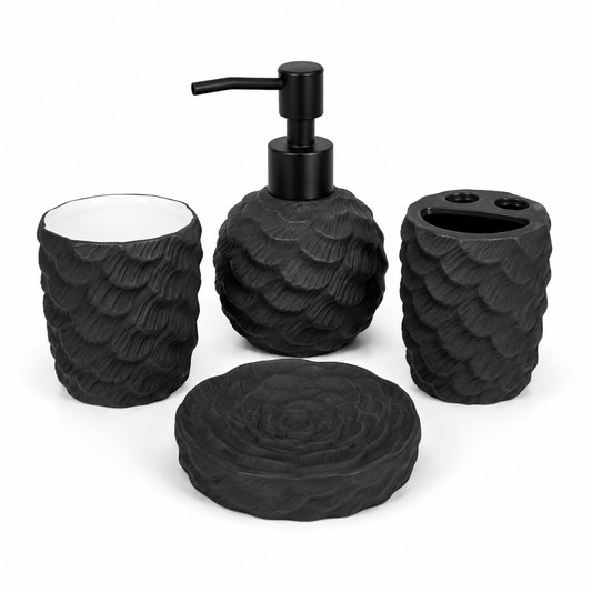 4-Piece Black Textured Bathroom Accessories Set – Modern Wave Design