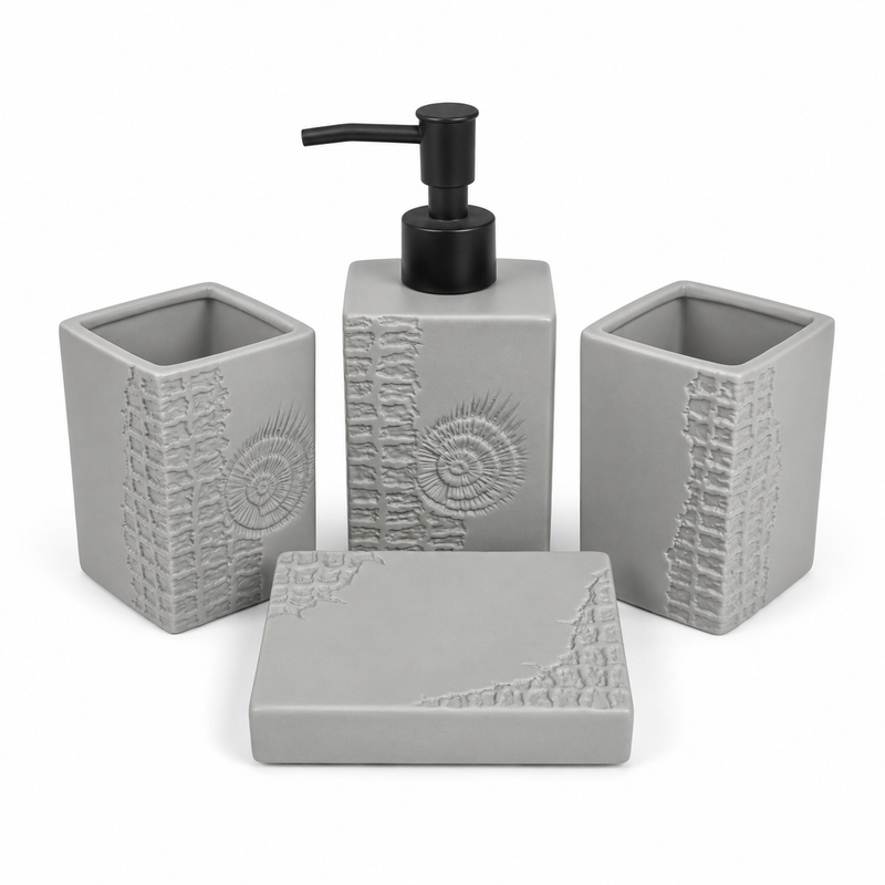 4-Piece Grey Textured Bathroom Accessories Set – Square Design with Black Pump