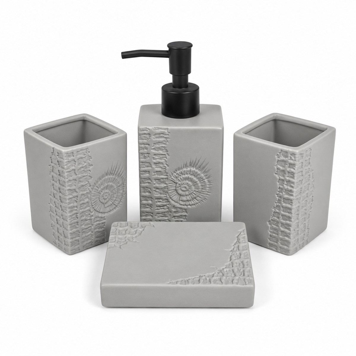 4-Piece Grey Textured Bathroom Accessories Set – Square Design with Black Pump