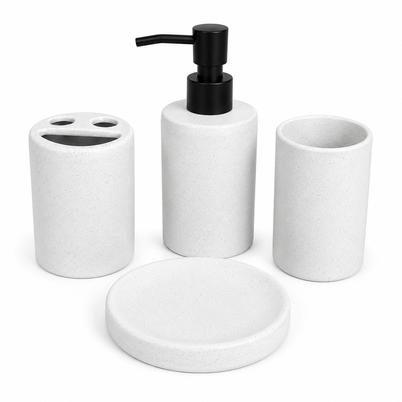 4-Piece White Bathroom Accessories Set – Minimal Design with Black Pump