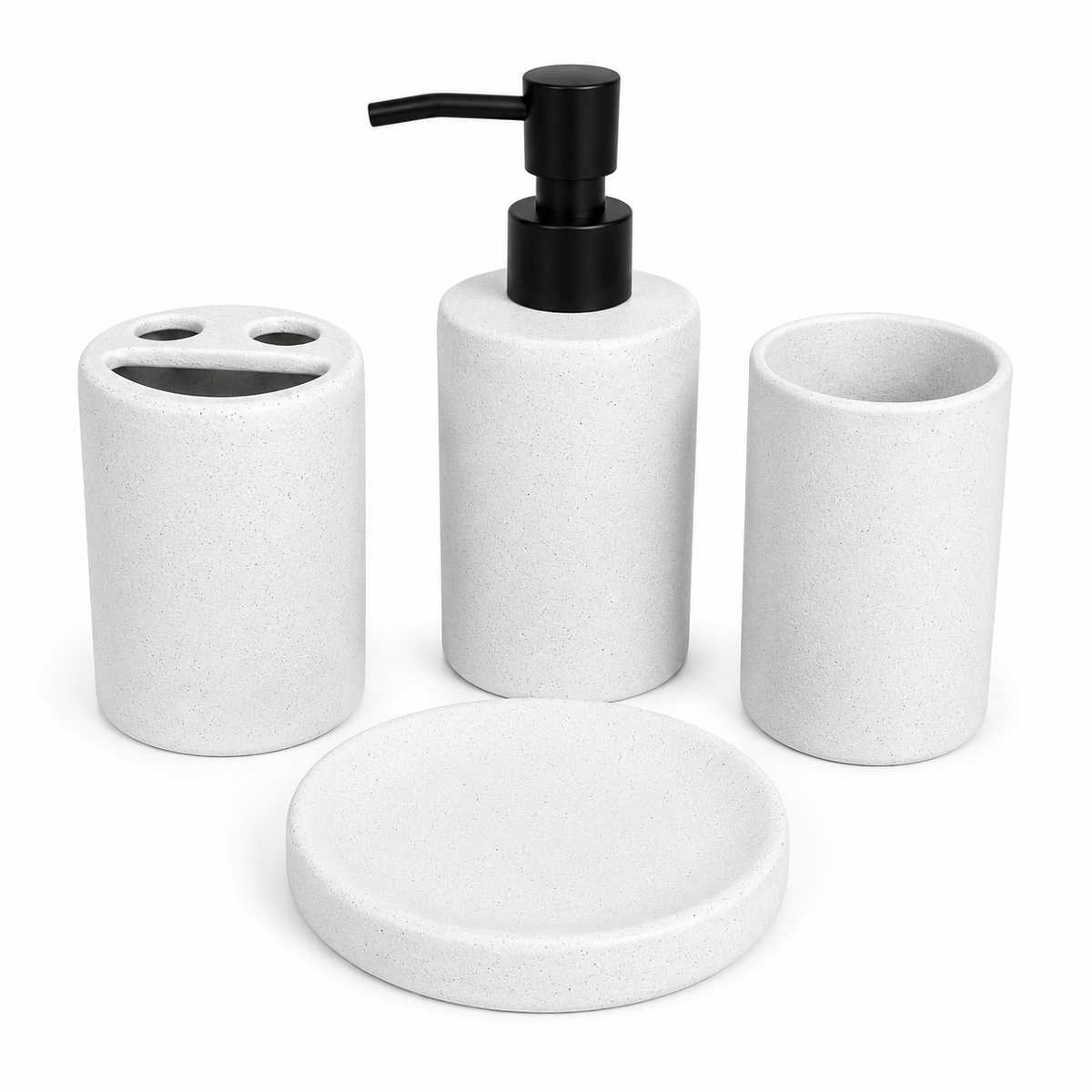 4-Piece White Bathroom Accessories Set – Minimal Design with Black Pump