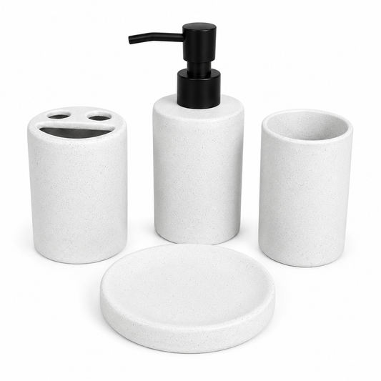 4-Piece White Bathroom Accessories Set – Minimal Design with Black Pump