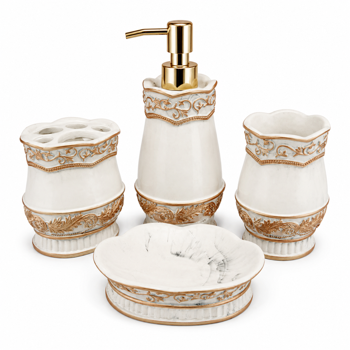4-Piece White & Gold Ornate Bathroom Accessories Set – Elegant Bath Set